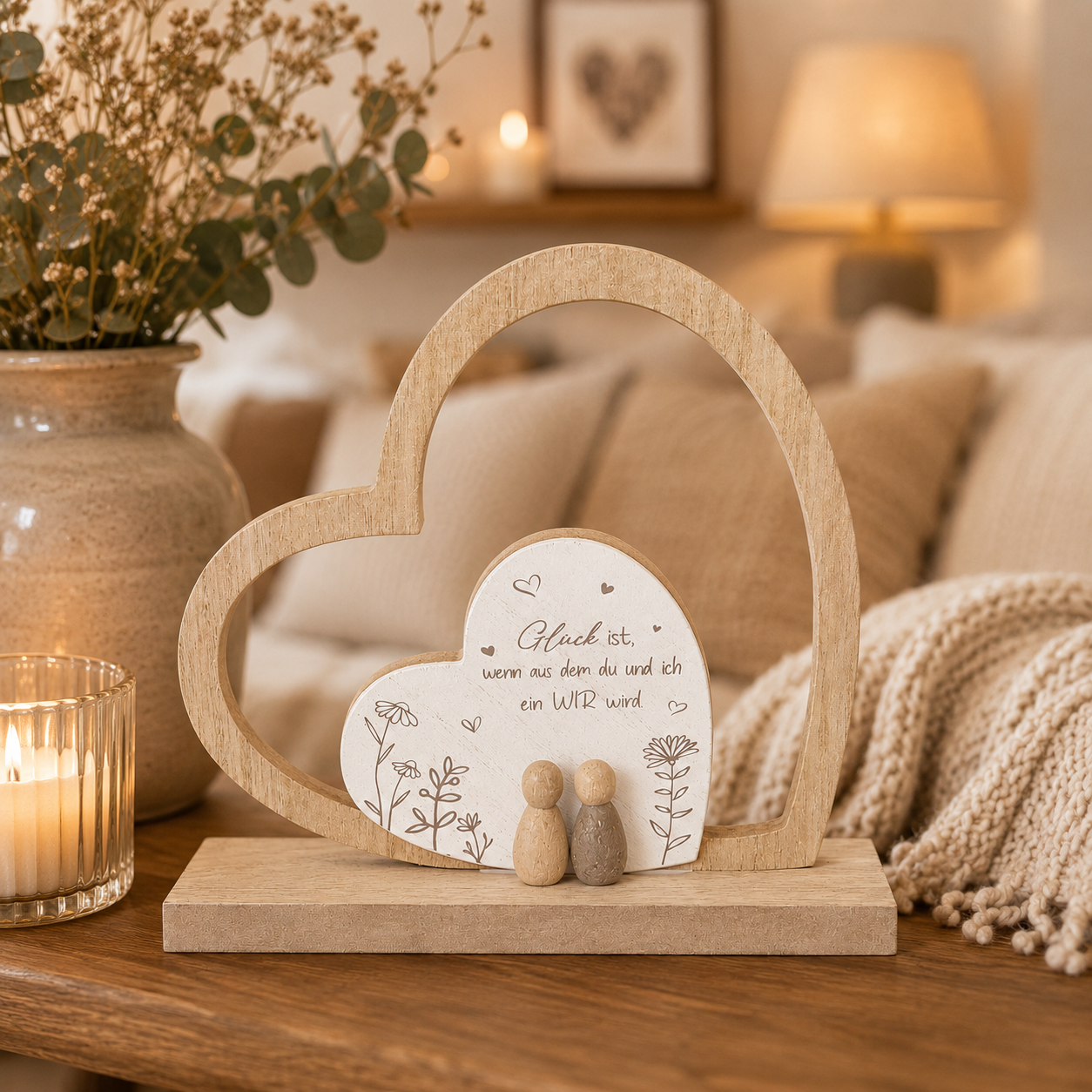 formano Herz-Dekoration mit Figuren und Spruch „Glück ist, wenn aus dem Du und Ich ein Wir wird“ | Holz- und Steinoptik | 20 × 18,5 cm