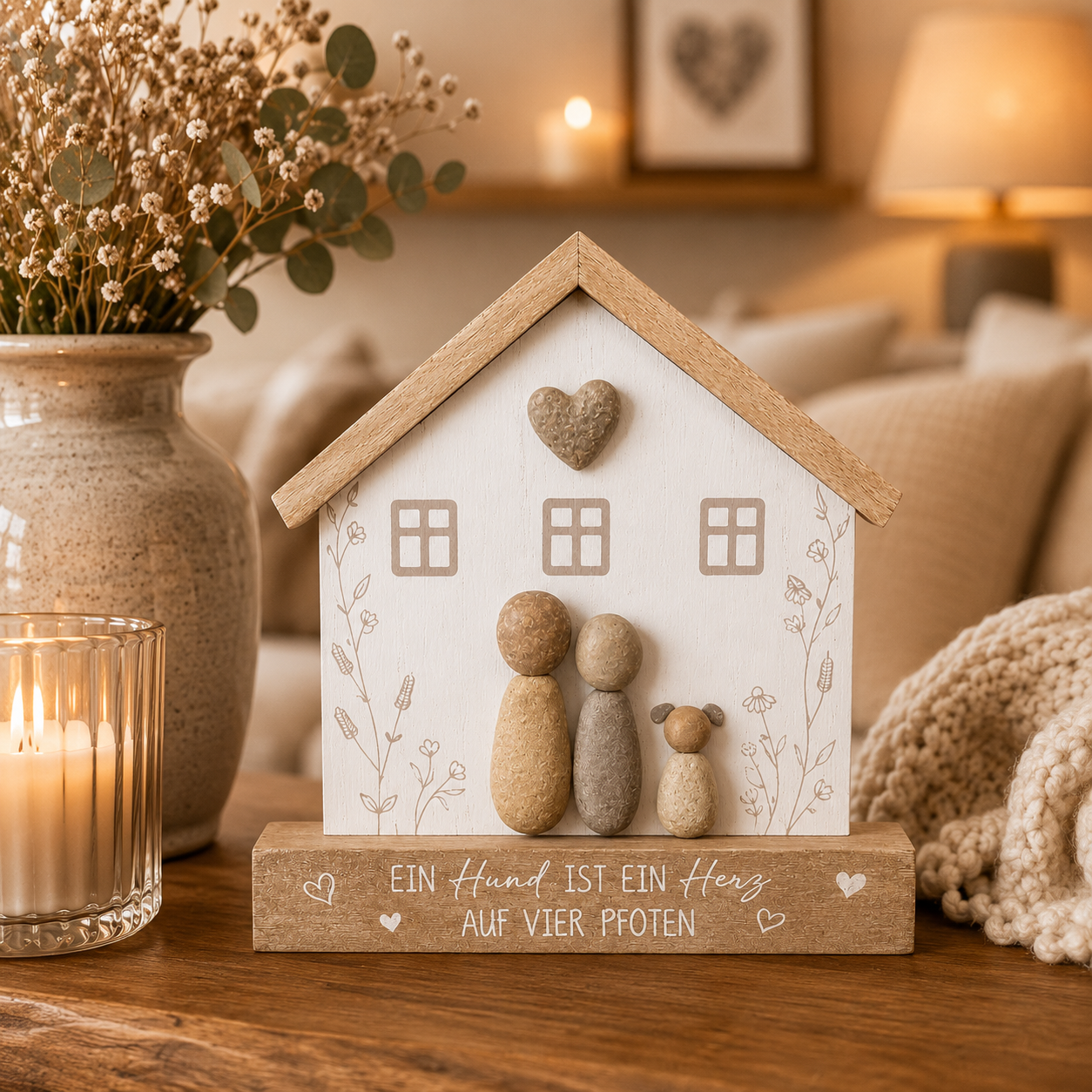 formano Dekohaus mit Hundefigur und Spruch „Ein Hund ist ein Herz auf vier Pfoten“ | Holz- und Steinoptik | 17 × 15 cm