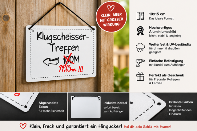 Metallschild „Klugscheisser-Treffen“ 10 × 15 cm, witziges Dekoschild zum Aufhängen