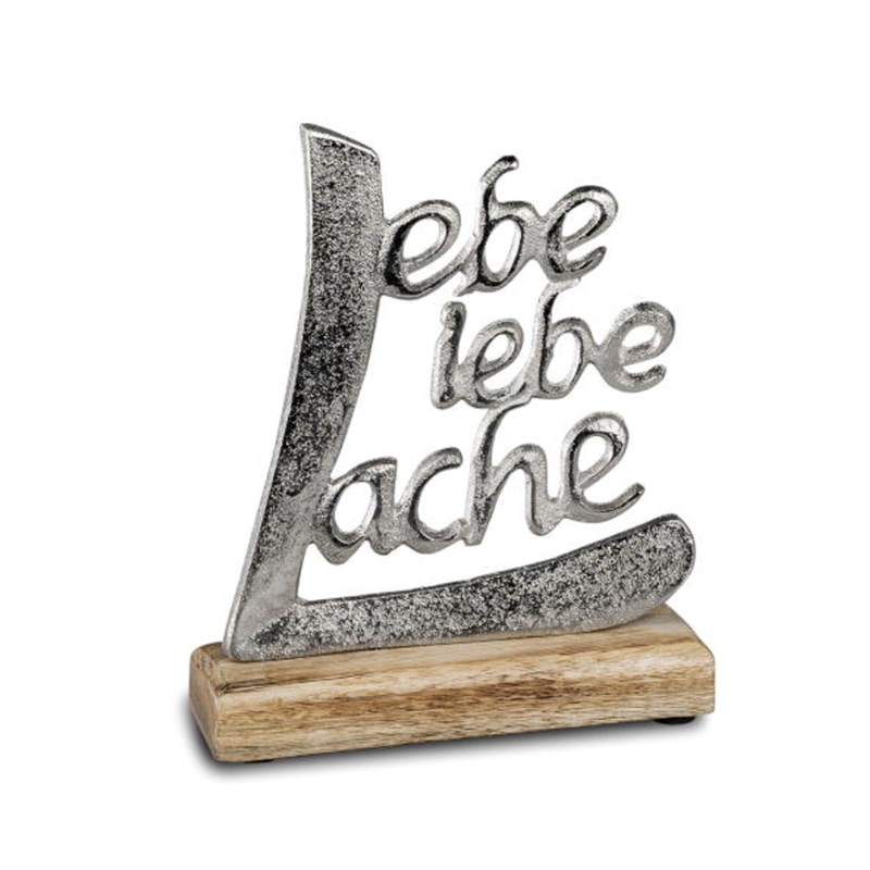 Schriftzug „Lebe Liebe Lache“ auf Sockel – 32 x 26 cm, Aluminium &amp; Mangoholz