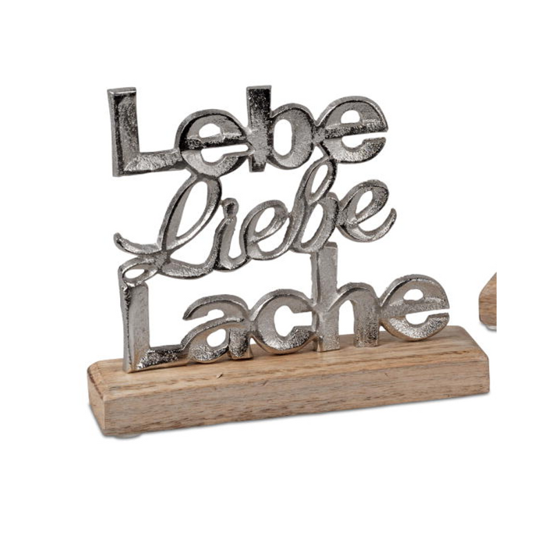 Schriftzug „Lebe Liebe Lache“ auf Sockel – 18 x 16 cm, Aluminium &amp; Mangoholz