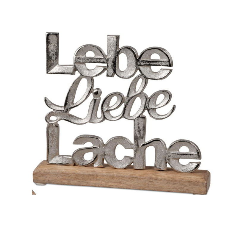 Schriftzug „Lebe Liebe Lache“ auf Sockel – 24 x 22 cm, Aluminium &amp; Mangoholz