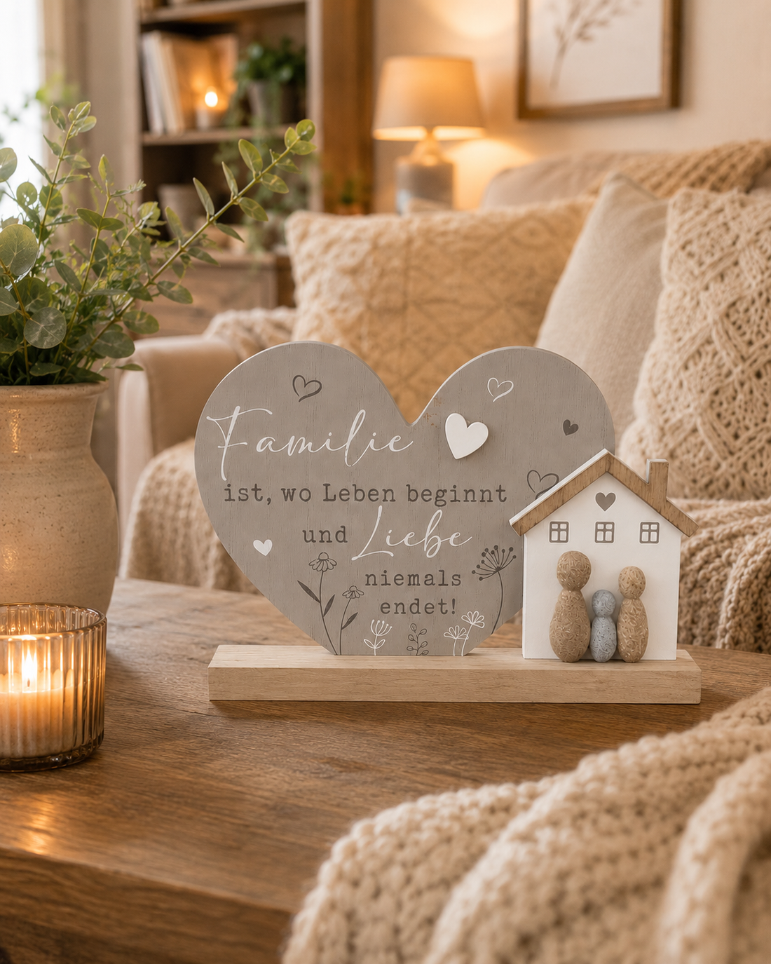 formano Dekoaufsteller „Familie ist, wo Leben beginnt und Liebe niemals endet“ | Herz &amp; Haus mit Figuren | Holz- und Steinoptik | 26 × 17,5 cm