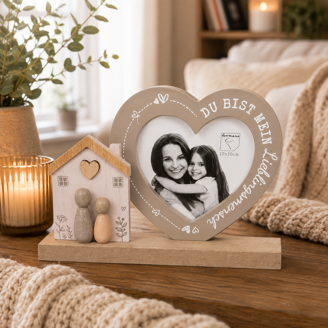 formano Herz-Bilderrahmen mit Figuren und Spruch „Du bist mein Lieblingsmensch“ | Holz- und Steinoptik | Für Fotos 10 × 10 cm | 18 × 13,5 cm