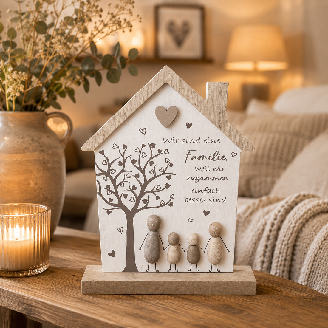 formano Dekohaus „Wir sind eine Familie“ mit Figuren und Spruch | Holz- und Steinoptik | 15 × 20 cm