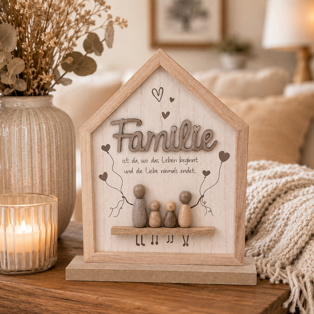 formano Dekohaus „Familie“ mit Figuren und Spruch „Familie ist da, wo das Leben beginnt und die Liebe niemals endet“ | Holz- und Steinoptik | 18 × 21 cm
