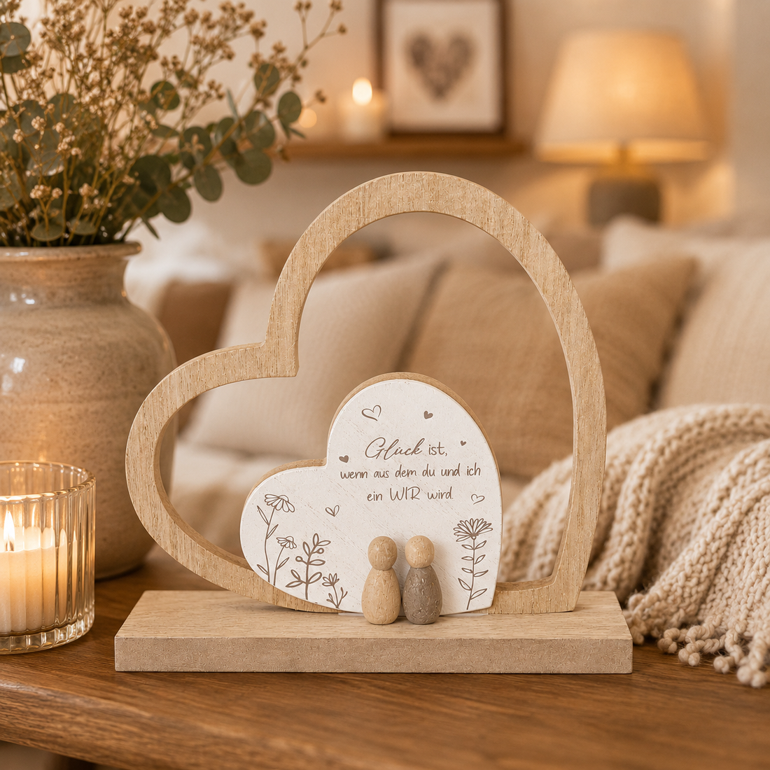 formano Herz-Dekoration mit Figuren und Spruch „Glück ist, wenn aus dem Du und Ich ein Wir wird“ | Holz- und Steinoptik | 20 × 18,5 cm