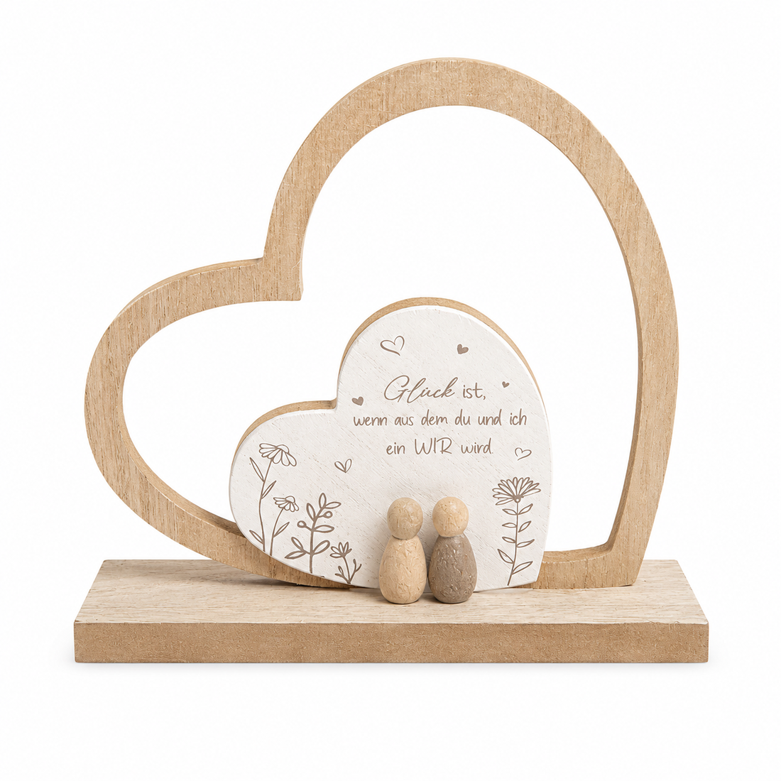 formano Herz-Dekoration mit Figuren und Spruch „Glück ist, wenn aus dem Du und Ich ein Wir wird“ | Holz- und Steinoptik | 20 × 18,5 cm