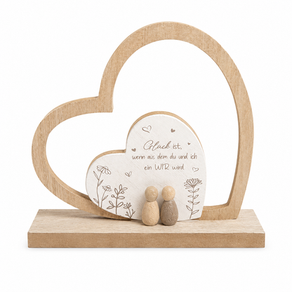 formano Herz-Dekoration mit Figuren und Spruch „Glück ist, wenn aus dem Du und Ich ein Wir wird“ | Holz- und Steinoptik | 20 × 18,5 cm