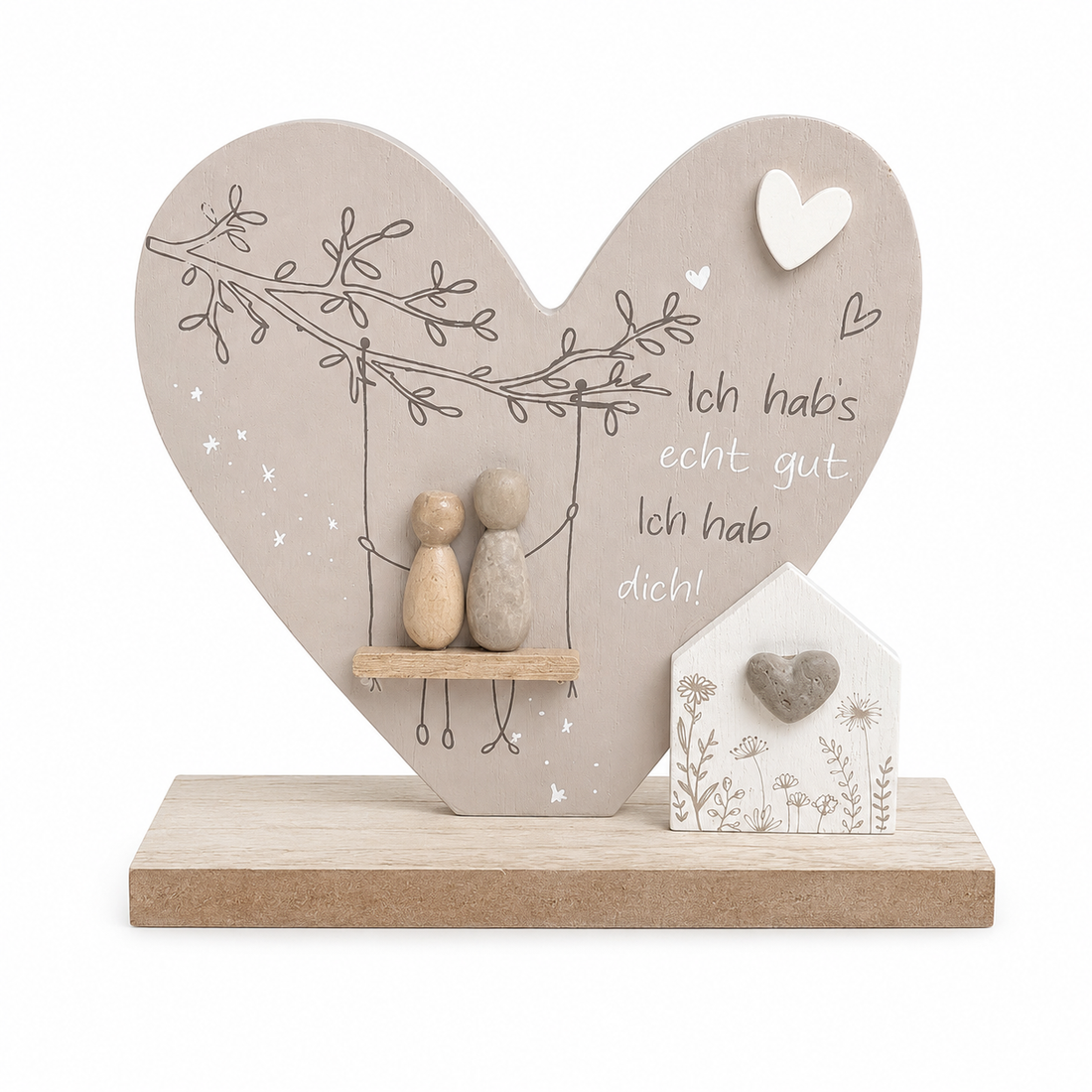 formano Herz-Dekoration mit Figuren und Spruch „Ich hab’s echt gut. Ich hab dich!“ | Holz- und Steinoptik | 18 × 17,5 cm
