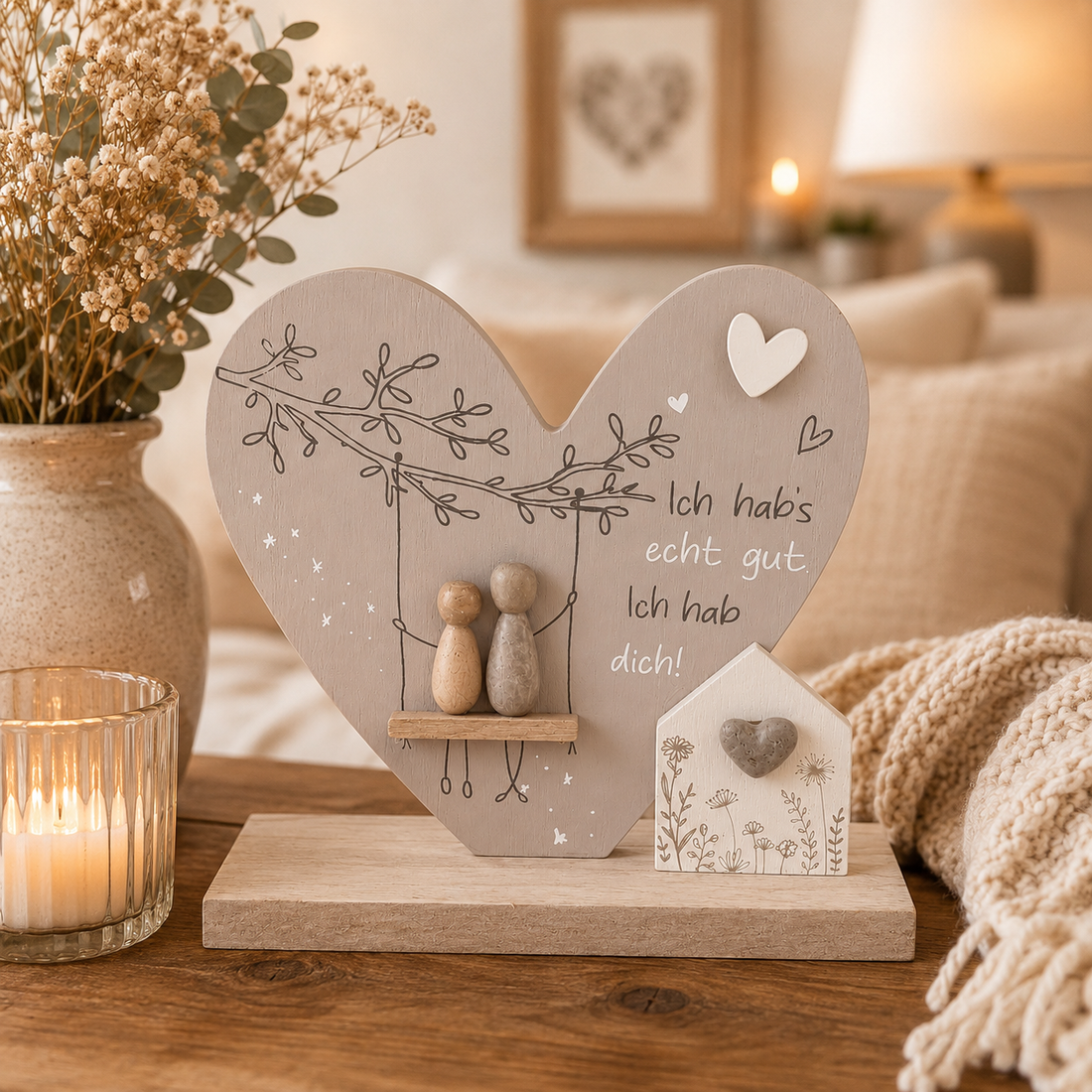 formano Herz-Dekoration mit Figuren und Spruch „Ich hab’s echt gut. Ich hab dich!“ | Holz- und Steinoptik | 18 × 17,5 cm