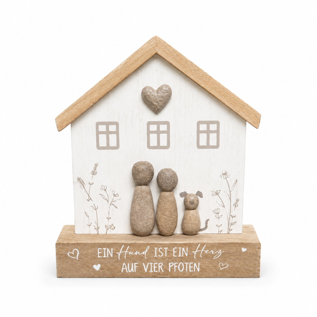 formano Dekohaus mit Hundefigur und Spruch „Ein Hund ist ein Herz auf vier Pfoten“ | Holz- und Steinoptik | 17 × 15 cm