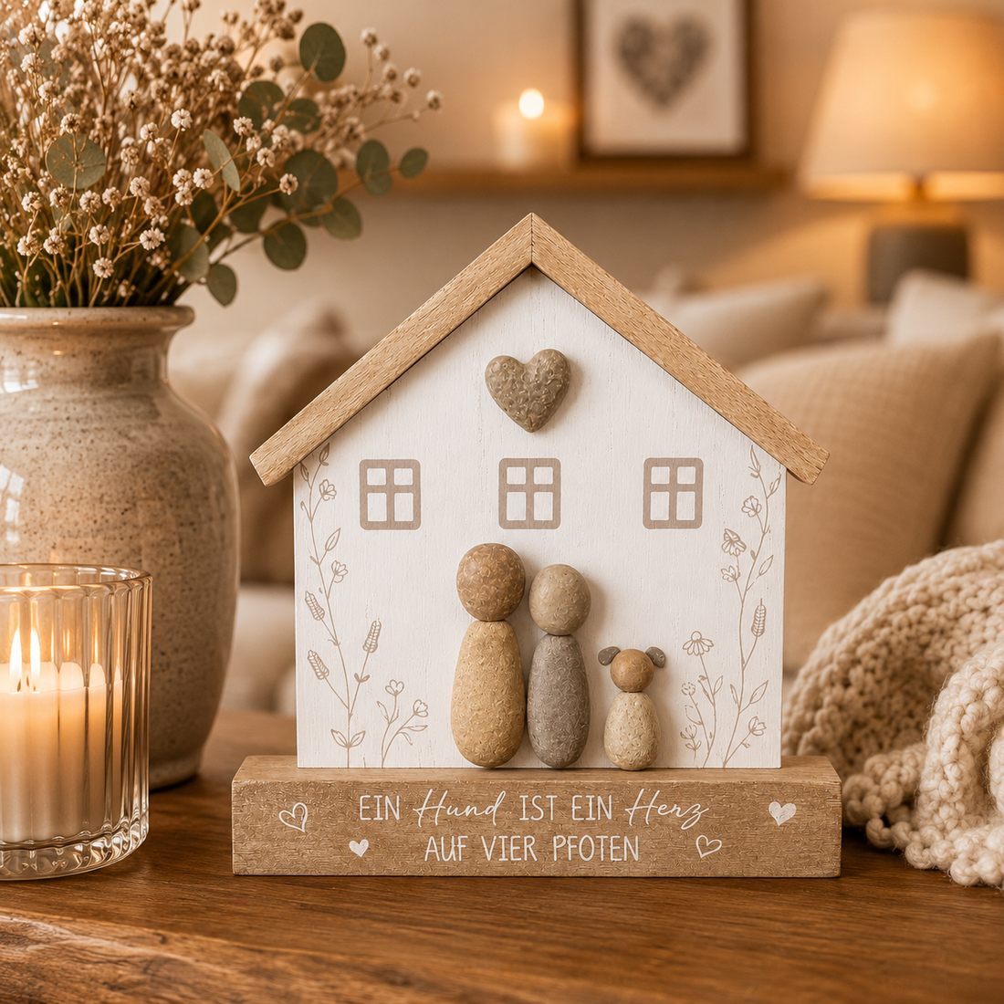 formano Dekohaus mit Hundefigur und Spruch „Ein Hund ist ein Herz auf vier Pfoten“ | Holz- und Steinoptik | 17 × 15 cm
