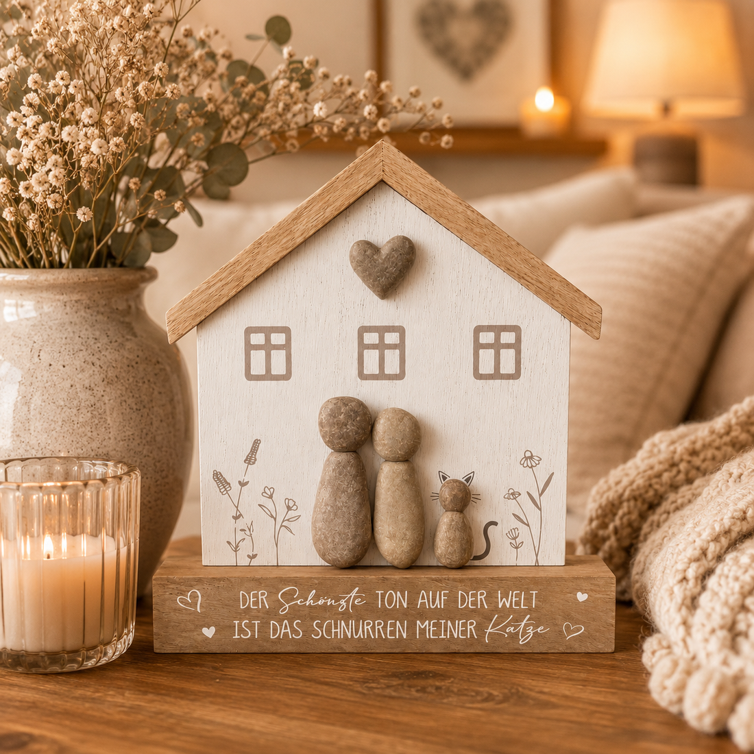 formano Dekohaus mit Katzenfigur und Spruch „Der schönste Ton auf der Welt ist das Schnurren meiner Katze“ | Holz- und Steinoptik | 17 × 15 cm