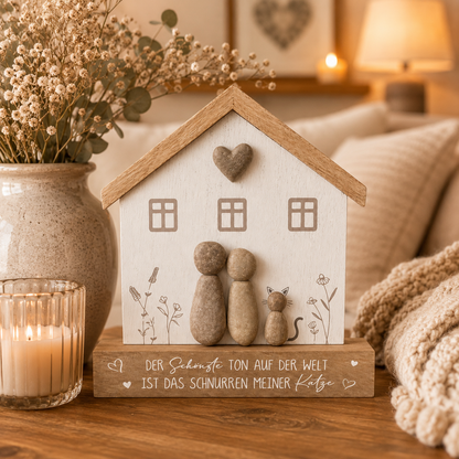 formano Dekohaus mit Katzenfigur und Spruch „Der schönste Ton auf der Welt ist das Schnurren meiner Katze“ | Holz- und Steinoptik | 17 × 15 cm