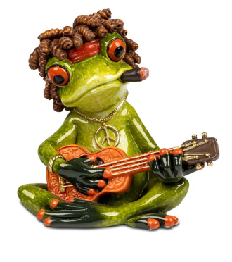 Frosch sitzend als Reggea-Musiker mit Gitarre, hellgrün, 10 cm