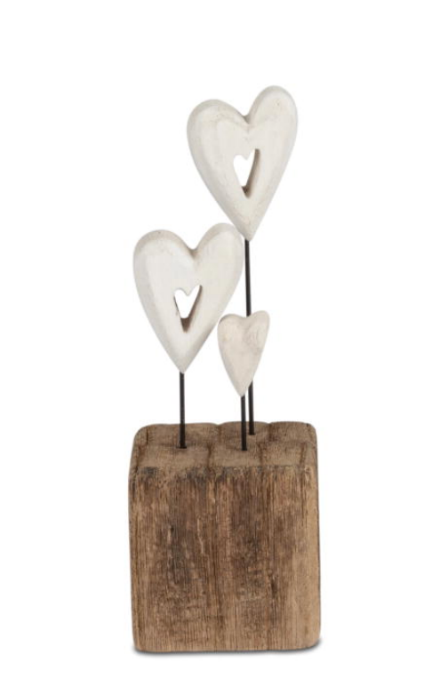 Deko-Objekt Block mit 3 Herzen 7 x 20cm aus Natur-Holz mit weißen Elementen kombiniert