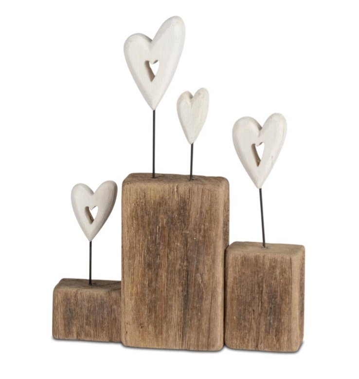 Deko-Objekt Block mit 4 Herzen 20x25cm aus Natur-Holz mit weißen Elementen kombiniert