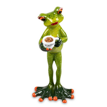 Frosch-Dame mit erstem Kaffee – 15 cm, handbemalt