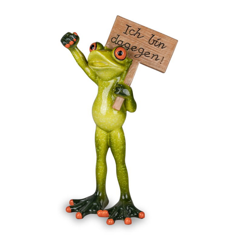 Frosch mit Schild „Ich bin dagegen“ – 20 cm, handbemalt