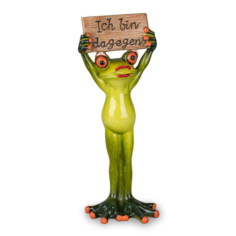 Frosch-Dame mit Schild „Ich bin dagegen“ – 20 cm, handbemalt
