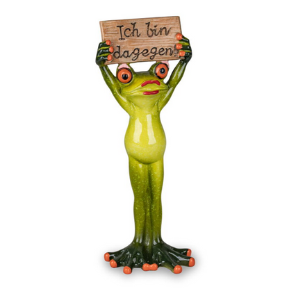 Frosch-Dame mit Schild „Ich bin dagegen“ – 20 cm, handbemalt