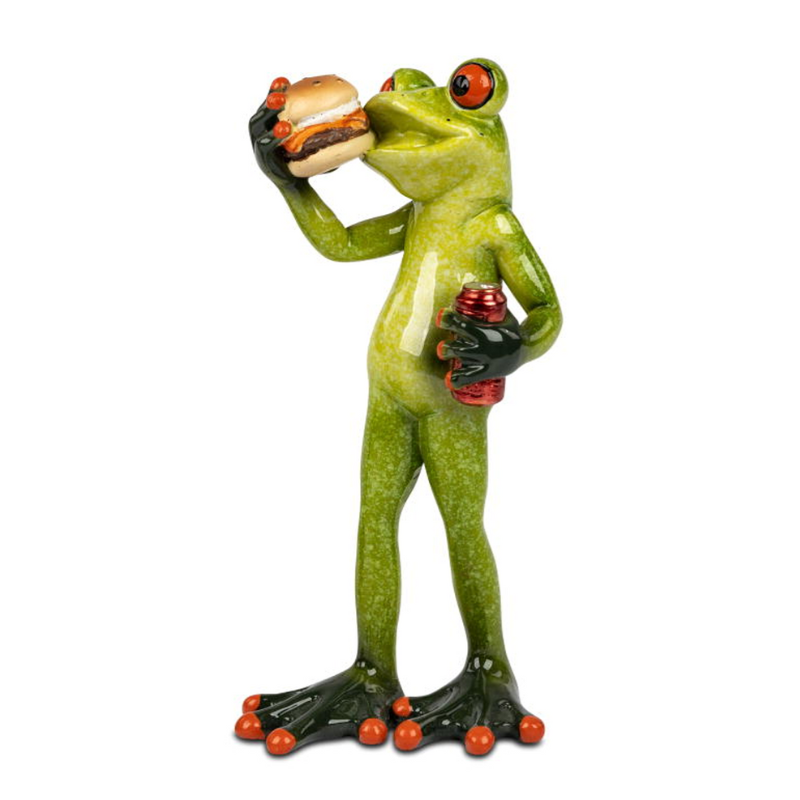 Frosch mit Burger und Getränkedose – handbemalt, glänzende Oberfläche