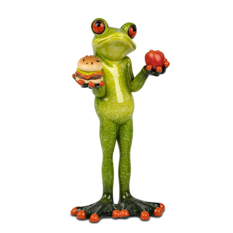 Frosch mit Burger und Obst – handbemalt, glänzende Oberfläche