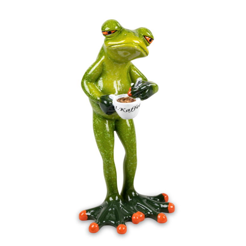 Frosch mit erstem Kaffee – 15 cm, handbemalt