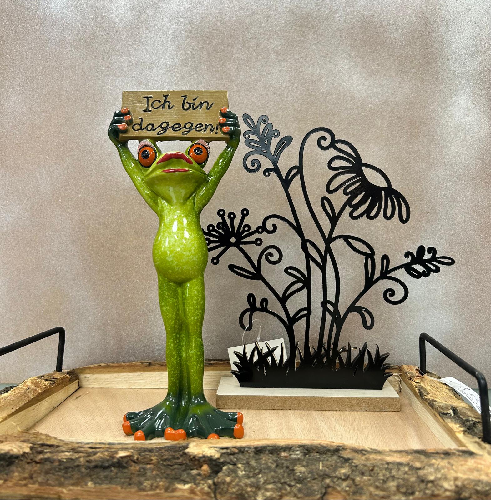 Frosch-Dame mit Schild „Ich bin dagegen“ – 20 cm, handbemalt