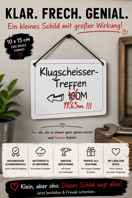 Metallschild „Klugscheisser-Treffen“ 10 × 15 cm, witziges Dekoschild zum Aufhängen