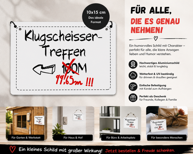 Metallschild „Klugscheisser-Treffen“ 10 × 15 cm, witziges Dekoschild zum Aufhängen