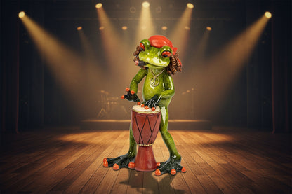 Frosch stehend als Reggea Musiker mit Trommel, hellgrün, 15 cm