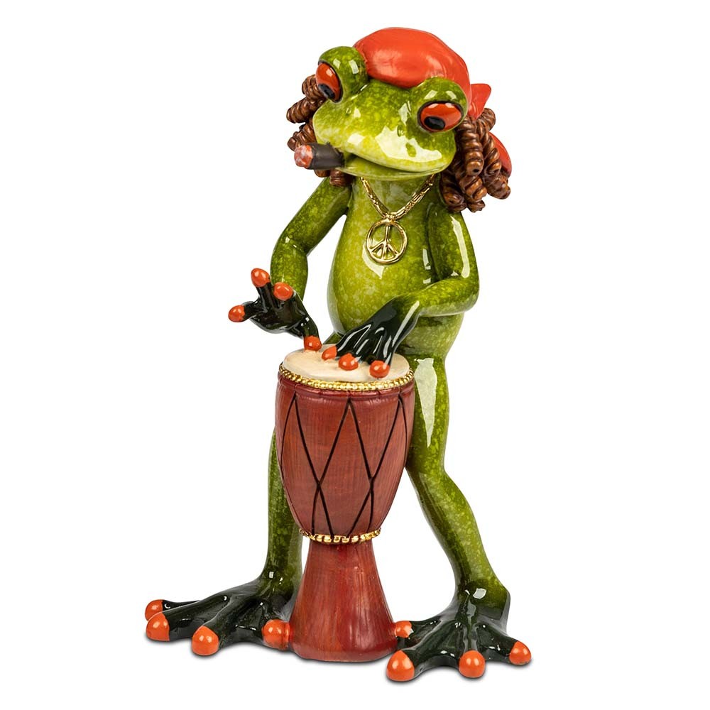 Frosch stehend als Reggea Musiker mit Trommel, hellgrün, 15 cm