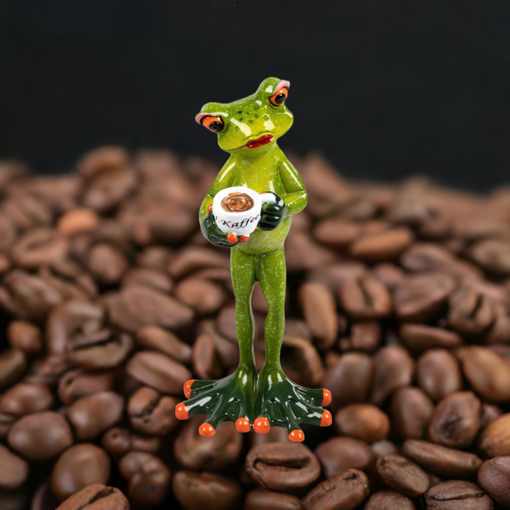 Frosch-Dame mit erstem Kaffee – 15 cm, handbemalt