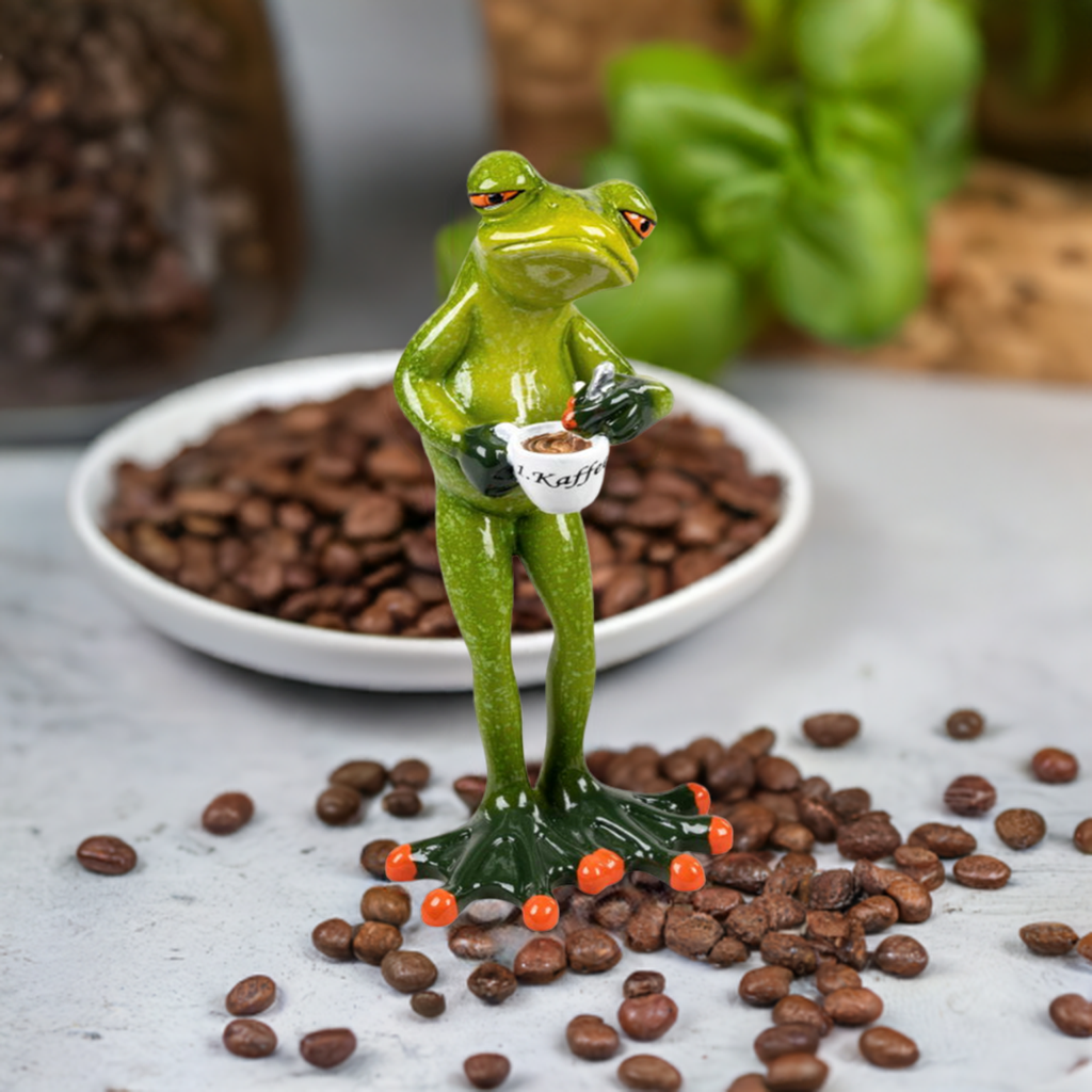 Frosch mit erstem Kaffee – 15 cm, handbemalt