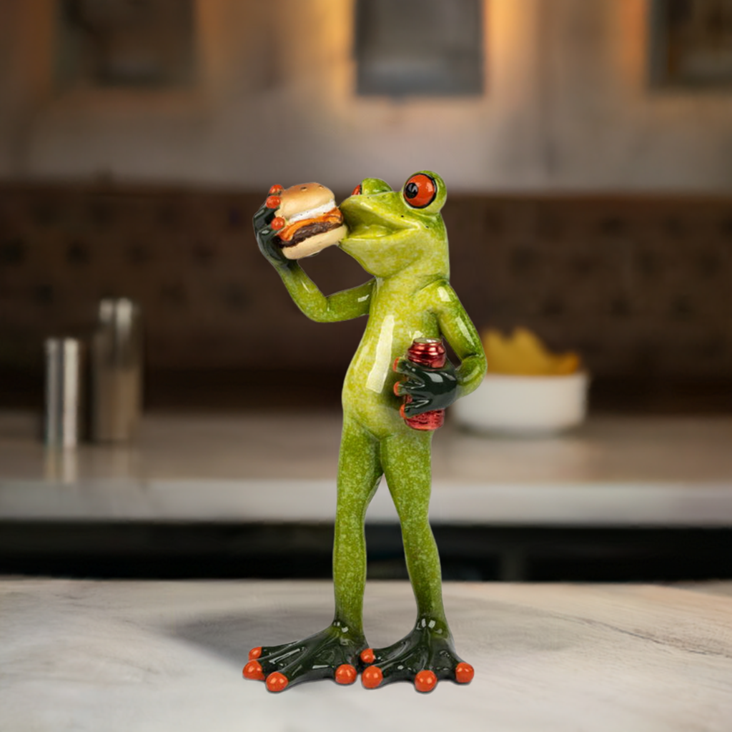 Frosch mit Burger und Getränkedose – handbemalt, glänzende Oberfläche