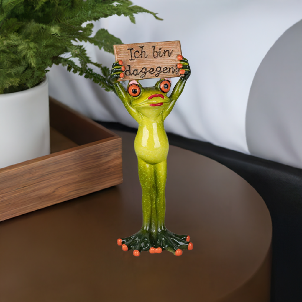 Frosch-Dame mit Schild „Ich bin dagegen“ – 20 cm, handbemalt