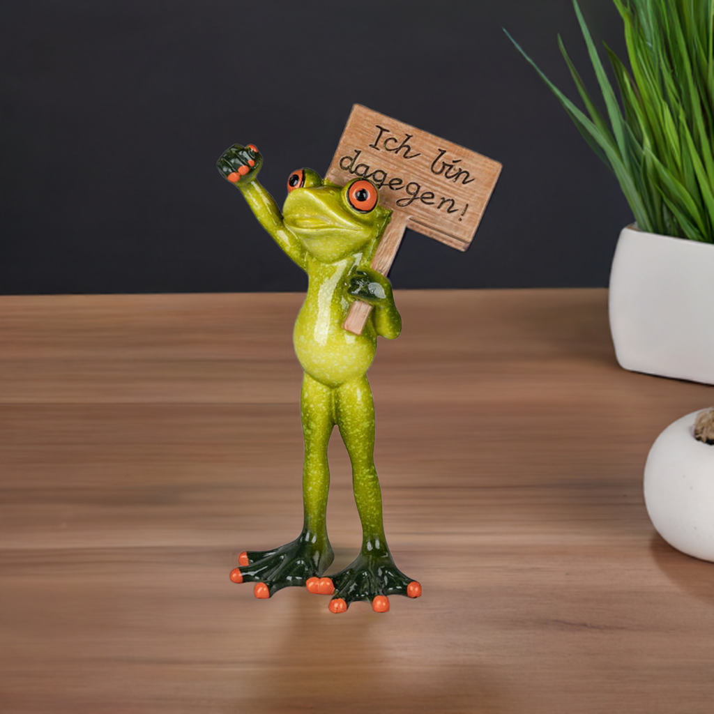 Frosch mit Schild „Ich bin dagegen“ – 20 cm, handbemalt