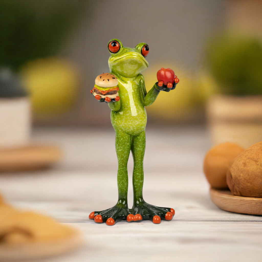 Frosch mit Burger und Obst – handbemalt, glänzende Oberfläche